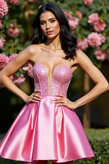 Sparkly Pink Corset Satin Strapless A Line Mini Cocktail Dress